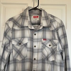 Wrangler Jeans Co Button Up Long Sleeve Gray Plaid Shirt Adult Men's Sz L pocket